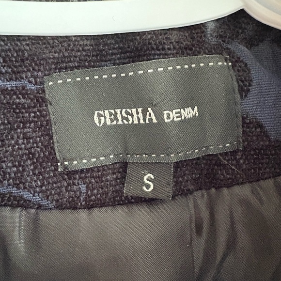 Geisha Denim Damask Moto Jacket Size S Blue Black Belted Biker Jacket - Picture 3 of 10